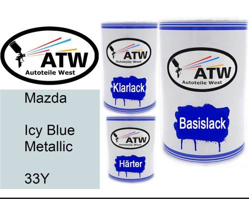 Mazda, Icy Blue Metallic, 33Y: 500ml Lackdose + 500ml Klarlack + 250ml Härter - Set, von ATW Autoteile West.